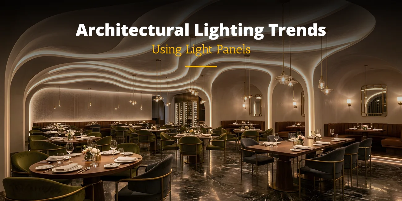 Architectural light panels illuminating a modern lobby feature wall